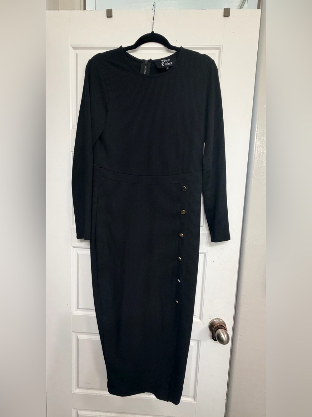 Nina Parker Black Long-Sleeve Black Midi Dress with Side Button Detail